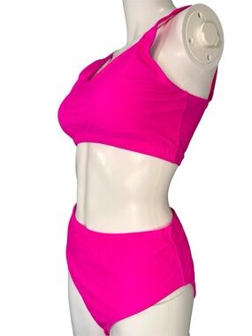 2pc Hot Pink Bikini Set Medium High Waisted Removable Cup